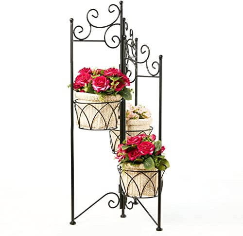 Spetebo Metall Blumenregal schwarz klappbar - 75 x 35 cm - Pflanzenständer mit 3 Etagen - Blumen Pflanzen Hocker Ständer Treppe Regal 3 Korb Ablagen