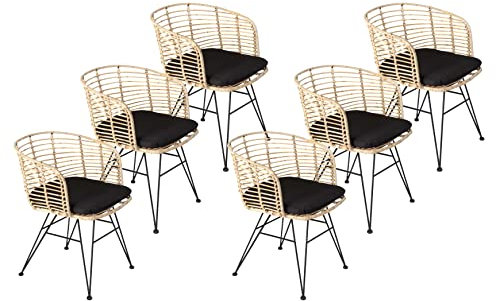 SAM 6er Set Rattanstuhl Nairobi, Farbe Natur, inklusive Sitzkissen, Korbstuhl mit Metallfüßen, Geflechtstuhl/Eisenstuhl im Retro-Design, Esszimmerstuhl mit Armlehnen