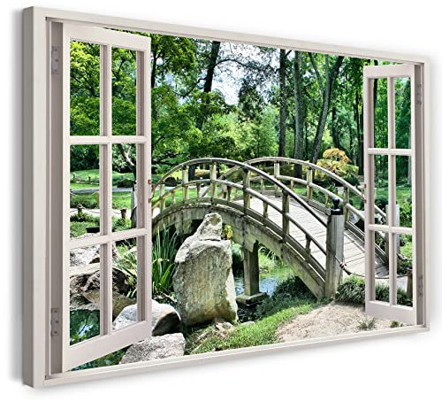 Bilder Fensterblick 60x40cm Baumwoll-Leinwand auf Keilrahmen mit Aufhänger moderner Kunstdruck XXL Wandbilder Wand-Dekoration Japanische Brücke Garten Natur Pflanzen Bach - Natur-Fotografie