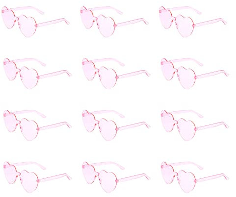 KINBOM 12 Stück Herzförmige Randlose Sonnenbrille, Liebesherz Transparent Getönte Sonnenbrille Rahmenlose Bonbonfarben Brille für Frauen Party Cosplay (Rosa)