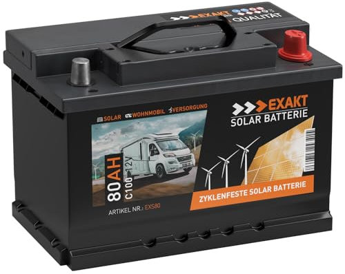 EXAKT Solarbatterie 12V 80Ah Wohnmobil Boot Antrieb Versorgung Mover Photovoltaik Windkraft Batterie ersetzt 75Ah 70Ah