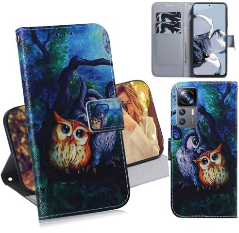 Ammeer Hülle für Xiaomi 12T Pro, Flip PU Leder Schutzhülle Handy Tasche Case Cover Wallet Standfunktion mit Kartenfächer Magnetverschluss - Eule