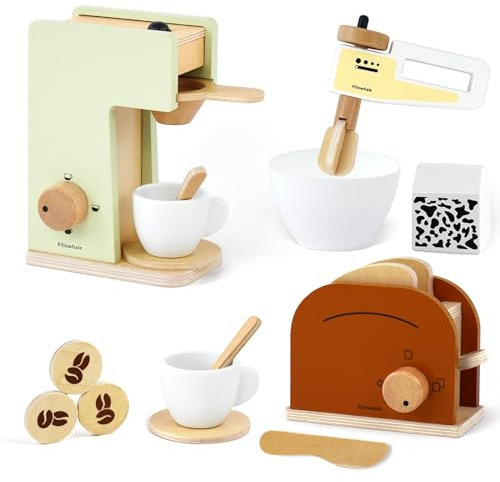 Pillowhale Kinderküche Spielset,Holz Kaffeemaschine Spielzeug,Pop-Up Toaster Spielzeug,Mixer Rührgerät Spielzeug,Küchen Frühstücksset ,Spielküche Kinderküche Zubehör für Kinder 3+
