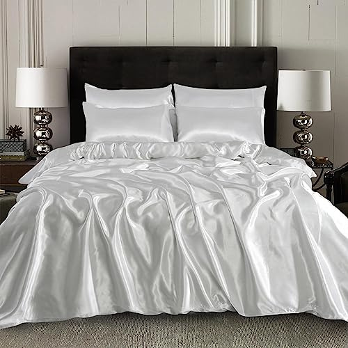 6PCS Satin Duvet Cover Bedding Set Plain Luxury Soft Bed Set Include (1xDuvet Cover, 1xFitted Sheet, 4xHousewife Pillow Case) (King, White)-(Same Day Dispatch)