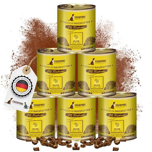 Escapure Adult Nassfutter Pute 6 x 800g Dose - 84% pures Putenfleisch Hundefutter - Dosenfutter Truthahn ohne Zusatzstoffe - Ergänzungsfuttermittel für ausgewachsene Hunde frei von Getreide