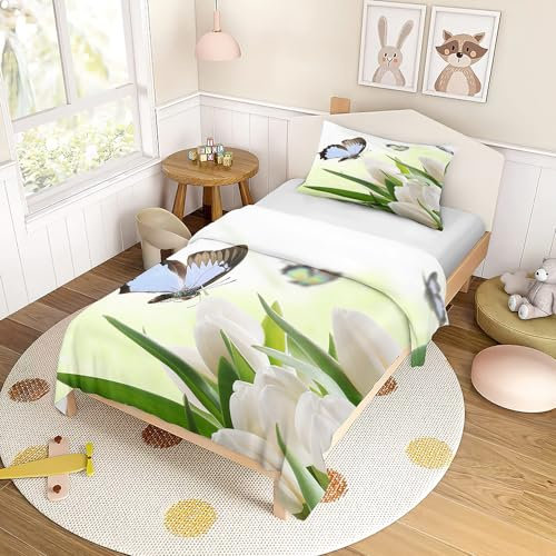 Morbuy Bettwäsche 135x200 200x200 155x220 100x135 240x220 mit Reißverschluss + Kissenbezug 80x80, Tulpen Drucken Bettwäsche-Sets aus Mikrofaser (100x135cm,Schmetterling)
