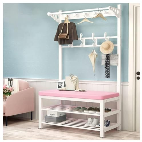 ARMERI Metall Garderobenständer Schuhbank, 3-in-1 Flur Baum mit Lagerung Bank und Garderobenständer Eingang Lagerung Regal Veranstalter mit 10 Haken,Rosa,100x33x172cm