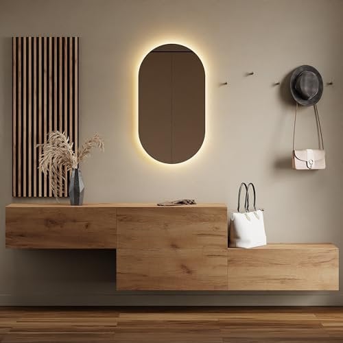 Planetmöbel Flur Möbel Garderobe 2X 160cm Gold Eiche, Wandpaneel 50cm Gold Eiche/Anthrazit mit Spiegel 50cm (ohne LED), Wandgarderobe 32,5H x 160B x 37,8T cm