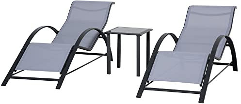 Outsunny Set de 2 Tumbonas Jardín Exterior con Mesa Auxiliar de Vidrio Templado Tumbonas con Respaldo Reposabrazos para Patio Piscina Terraza Exterior Gris