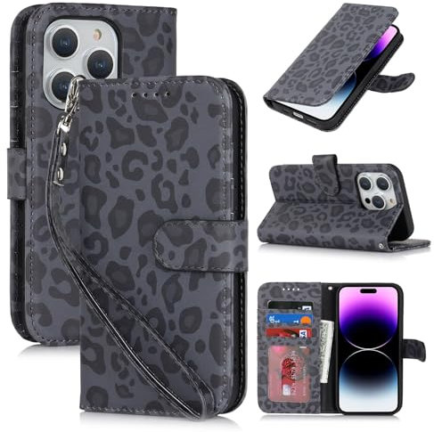 Zouzt Case for iPhone 14 Pro Max (6.7 Inch), Premium PU Leather Wallet Case with Credit Card Holder Slot Flip Folio Kickstand Shockproof Protective Phone Cover (Black Leopard Pattern)