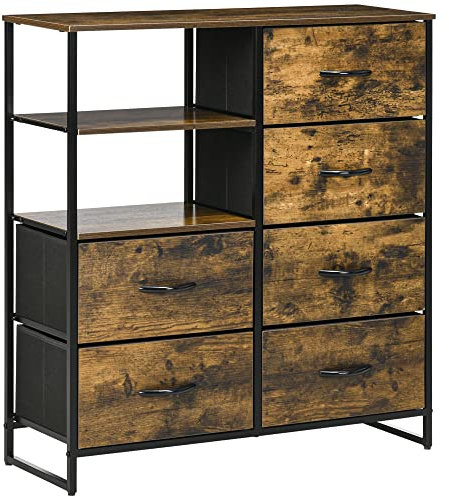 HOMCOM Meuble de Rangement, Commode, Buffet de Rangement Style Industriel 6 tiroirs Pliables 2 étagères Acier et Bois - 84 x 30 x 92 cm