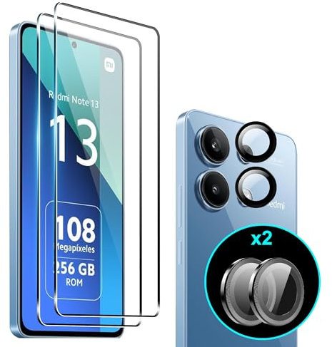 Heioloo [4 Piezas Protector de Pantalla para Xiaomi Redmi Note 13 4G,2 Piezas Cristal Templado con 2 Piezas Protector de Lente de cámara,Sin Burbujas, Dureza 9H Vidrio Templado, Arañazos