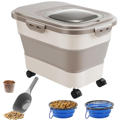 LiveGo Contenedor plegable de almacenamiento de alimentos para mascotas de 20 a 23 libras de capacidad, incluye cuchara, cuenco de silicona de viaje y ruedas acoplables, asegurando la frescura de los