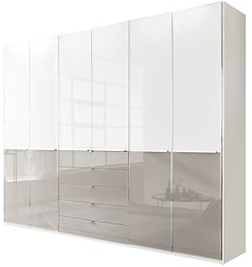 WIEMANN Drehtürenschrank mit 5 Schubkästen hochwertiger Kleiderschrank Schlafzimmerschrank 300cm breit, mit Schubladen, Glas Kieselgrau, Korpus Weiß, Höhe 236cm, Shanghai
