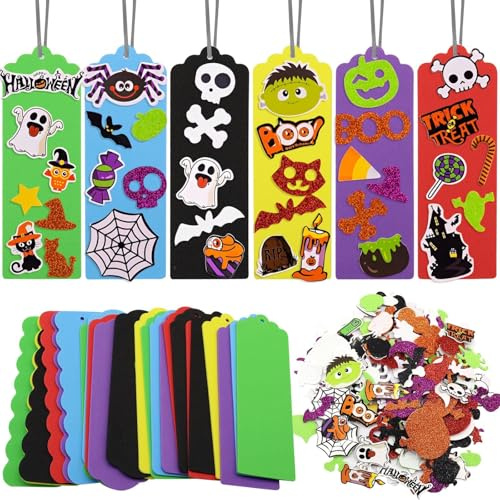 KIKVTER Halloween Basteln Kinder, 24 Stück Halloween Lesezeichen Bastelset | Halloween Bastelset Kinder, Lesezeichen Moosgummi, Halloween Aufkleber Kreative Geschenke für Halloween Jungen Mädchen