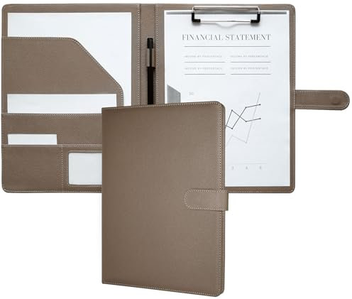 Mymazn Klemmbrett A4 mit Deckel, Mappe A4 Schreibmappe Klemmbrettmappe, PU-Leder Konferenzmappe A4 mit Dokumentenfächern, Stiftehalter und Magnetverschluss (Graubraun)
