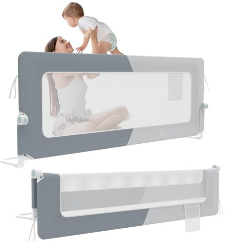 HENGMEI Rausfallschutz Bett 200 cm Bettgitter Bettschutzgitter Kinderbettgitter Zusammenklappbar um 180 Grad Babybett Umrandungen Luftiges Netz Höhenverstellbar Schutzgitter Bett (Grau+Hellgrau)