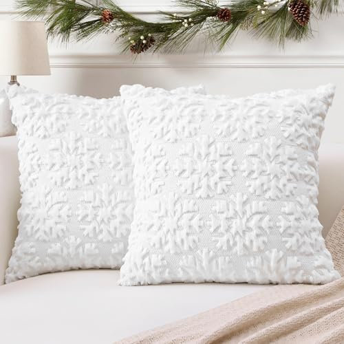 Artscope 2er Set Wolle Kissenbezüge Weicher Plüsch Kurzer Wollsamt Dekokissenbezuge Weihnachten Sofakissen Europäische Kissenhülle für Sofa Schlafzimmer Schneeflocke Weiß, 45x45cm