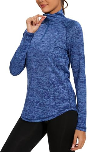 iClosam Womens Long Sleeve Tops 1/4 Zip Polo Shirts UPF 50+ Running T-Shirt Quick Dry Gym Sports Workout Cycling Golf Tops Dark Blue