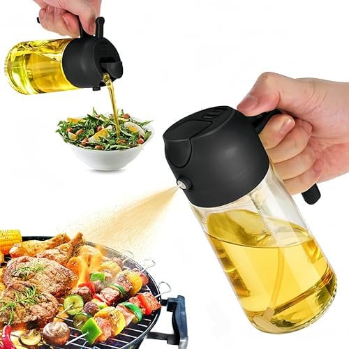 NBBENG 2-in-1 Oil Dispenser and Sprayer, 4.7 oz Glass Bottle, Black, Cooking, Cleaning, Gardening