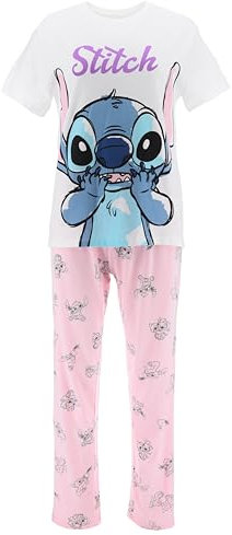 Disney Stitch Pyjama pour Femme, Pyjama 2 Pièces T-Shirt à Manches Courtes et Pantalon Long Coton pour Femme et Adolescente | Taille L | Rose