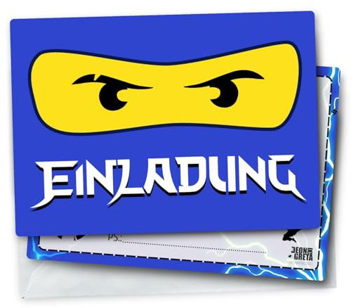 Generisch 12x EINLADUNGSKARTEN inkl. passender Umschläge für Kindergeburtstag & Co. - Karten Set mit blauem NINJA - JAY Motiv - Cartoon-Thema