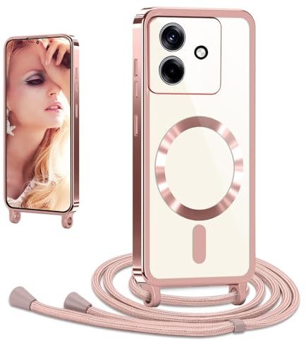 CaseLover Magnetische Handyband kompatibel mit Xiaomi Redmi 13C/Xiaomi Poco C65 Hülle mit Band, Klare Silikon Necklace Handyhülle mit Kordel zum Umhängen Stossfest Kameraschutz Schutzhülle, Roségold