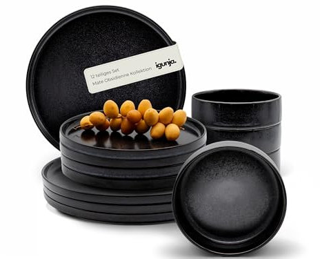 igunja Steingut Geschirrset Premium Qualität außen matt innen glossy modernes Geschirr Spülmaschinenfest Kratzfest stylishes Design beige Tafelservice Essgeschirr Teller Set (Schwarz, 12 teiliges Set)