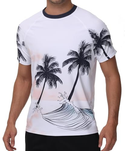 VAYAGER Herren UV Shirt Rash Guard Schwimm Shirt UPF 50+ Badeshirts,Schnell Trocknend, lockere Passform, Wassersurf (Weiß Kokosbaum XL)