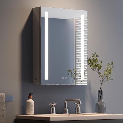 Dripex Spiegelschrank Bad mit Beleuchtung, LED Badezimmerschrank mit Spiegel, 3 Lichtfarbe Einstellbar, Dimmbar, Steckdose und Glasablage, Rechtstürig, Beschlagfrei 45 x 60 cm Grau Verbesserte Version