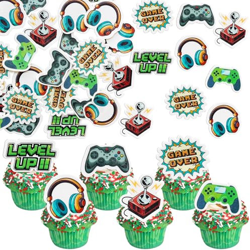 Ephlyn 48Pcs Edible Video Game Cupcake Toppers Wafer Paper Game On Controllers Cupcake Picks Edible Gamepad Cake Decorations for Game Theme Birthday Anniversary Party Supplies