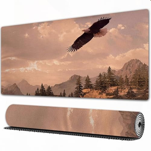 FEHWI Mauspad 80×30 cm Verlängertes großes Mauspad Schreibtischauflage,Weißkopfseeadler schwebt über dem Hochland der Rocky Mountains.,genähte Kanten Gaming Mauspad,rutschfeste Gummibasis