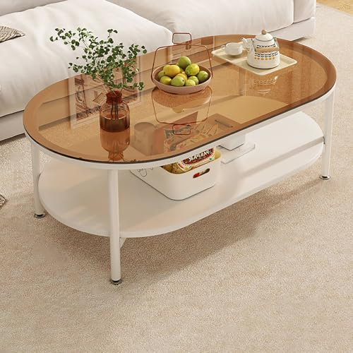 Couchtisch, Modern Beistelltisch Kaffeetisch, Mit Robuster Aus Gehärtetem Glas Tischplatte, Runder Couchtisch Mit 2 Ebenen, Metall Wohnzimmertisch Mit Stauraum, für Zuhause, Büro(Brown,120*60cm/47.2*2