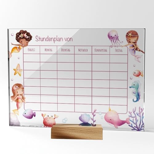 MeinBaby123® Stundenplan aus Acryl abwischbar inkl. Holzhalterung | Einschulung | Schulanfang Geschenk | Wochenplan | Mädchen | Stundenplan Meerjungfrauen