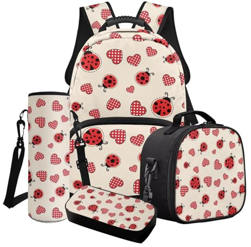 Poceacles Mädchen-Rucksack-Set, 4-teiliges Set, Grundschule, Junior, Mittelschule, Schultasche, Lunchbox, Tasche, Federmäppchen, Flaschenhalter, Ladybug Love Rot Beige, Einheitsgröße, Schulranzen-Set