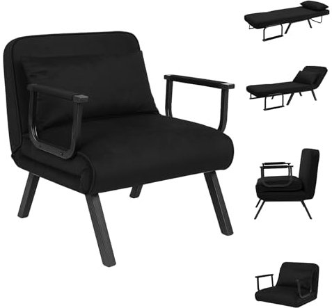 CROWNSHOP Folding Sofa Bed 4-in-1 Convertible Single Sofa Chair Bed with 6-Position Backrest and Pillow, Folding Sleeper Couch with Back Upholstered Seat Single Flip Chair for Living Room Black