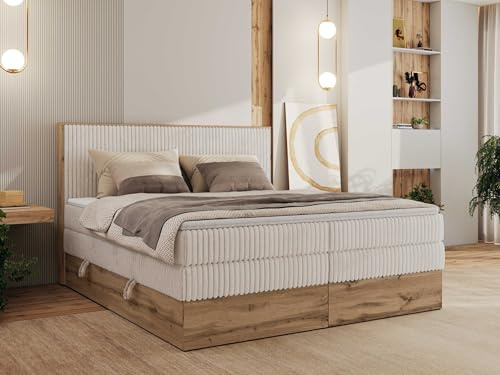 MKS MEBLE King Boxspringbett 180x200 Mit Bettkasten Eiche, Polsterbett Mit Matratze H3 + Topper T25, Bett Mit Kopfteil und Holzrahmen in Wotan Eiche - Beige Cord - Wood Classic King