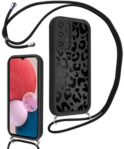 Xylota Coque avec Cordon pour Samsung Galaxy A13 4G 6,6'', Aesthetic Etui avec Réglable Collier Silicone Corde Caméra Protection Bumper Case avec Motif, Lanyard Housse pour Samsung A13 4G，Léopard