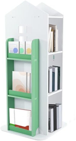 SAUADY 360° Drehbares Kinder Bücherregal Drehbares Eckregal Grünes Burgdesign 4 Ebenen für Bücher Spielzeug 41x41x95cm Grün