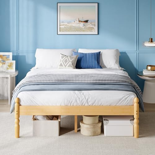 Hunlostten Solid Wood Double Bed Frame Eco-Friendly Bamboo Wooden Bed Platform, Slatted Base, Nordic Style for Bedroom/Guesthouse/Apartment, Easy Assembly, Sturdy, 35.5 cm High with Underbed Storage