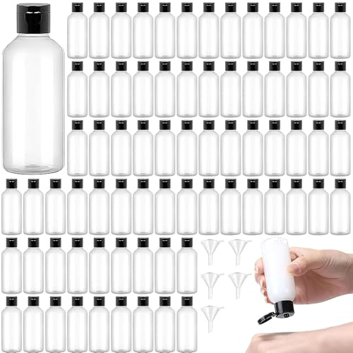 100 Pack 60 ml Plastic Travel Bottles, Clear Squeeze Bottles with Flip Caps | Leak-Resistant Empty Containers with 5 Funnels for Toiletries, Cosmetics, Shampoo, Body Soap, Lotion and Travel
