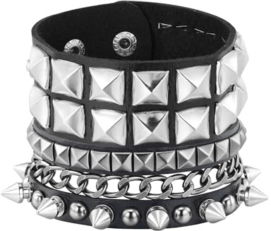 JJDreams Punk Lederarmband Schwarz Gothic Armreif mit Kette Rock Armband Set Biker Armband für Damen