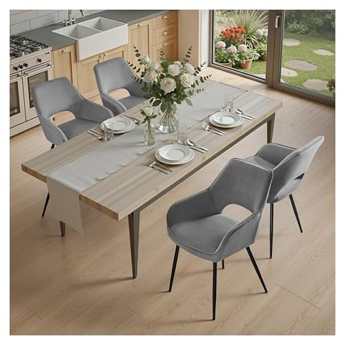 STOOLINK 4er Set Esszimmerstühle Modern, Stühle Esszimmer aus Samt, Küchenstühle mit Armlehnen, Gepolsterter Polsterstühle mit Ausgeschnittener Rückenlehne für Esszimmer, Wohnzimmer - Grau