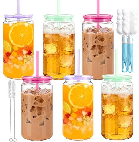 CuppaLifes 500ml Plastic Mason Jars with Lids and Straws, Leak-Proof Reusable Tumblers for Iced Coffee, Cocktails, Smoothies, Juice, Beer, Cold Drinks, 6 Pack (6, Solid)