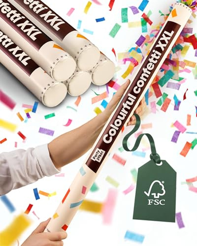 Partyjoker 5er Konfettikanone Bunt XXL – extra groß – Konfetti Party Popper | Besonders viel Füllmenge, einfach & sicher zu bedienen, 5-8 Meter Wurfweite, für drinnen & draußen, Geburtstag & Feier