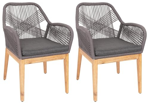 PROREGAL 2er-Set Gartenstuhl, HxBxT 85x58x59 cm, Sitzhöhe 47cm, wetterfest Seilgeflecht Holz Akazie, Grau Kissen Anthrazit, Sessel Outdoor