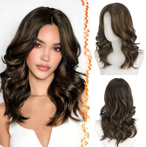 BARSDAR Kurze Gewellte Braun Highlight Perücke, Schulter Lange Perücken für Frauen Kurze Lockere Wellen Layered Perücke mit Curtain Pony Weiche Synthetik Natürlich Aussehend Schwarz Braun mit Auburn