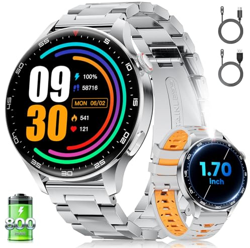 CHOOSETIME Smartwatch Uomo con Chiamate Bluetooth, 1,7 Ampio Schermo con Torcia a LED/800 mAh/Impermeabile IP68/100+ Modalità Sportive/Monitor Frequenza Cardiaca/Sonno per Android e iOS, Argento