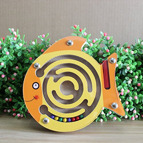 HappyToy Animal Mini Wooden Round Magnetic Wand Number Maze Interactive maze Magnet Beads Maze on Board Game City Traffic Eduactional Handcraft Toys (Fish)