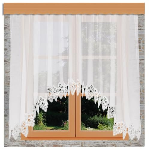 Gardinen-Store Jette Vogtländische Spitze | handgefertigter Blumenfenster-Store klassisch mit Reihband | lichtdurchlässiger Fenster-Vorhang mit Ornament-Stickerei weiß | C-Bogenstore HxB 80 x 200cm